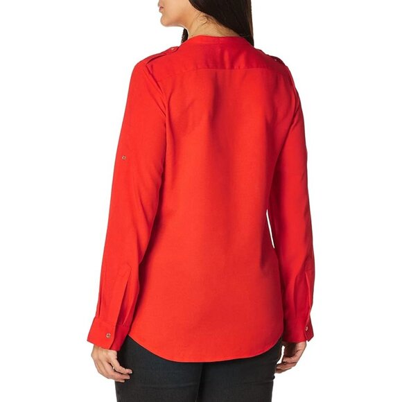 Calvin Klein Red Orange Modern Essential Notch Neck Button Down Long Sleeve Shir - Picture 3 of 12